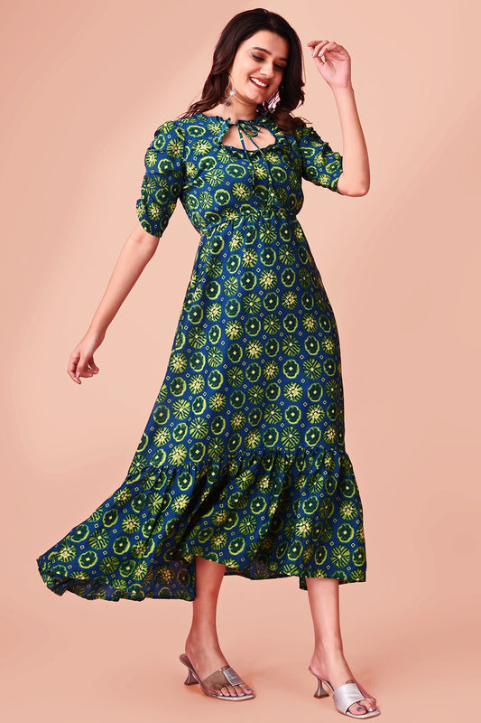 Women Floral Printed Tie-up Neck Empire Midi Dress