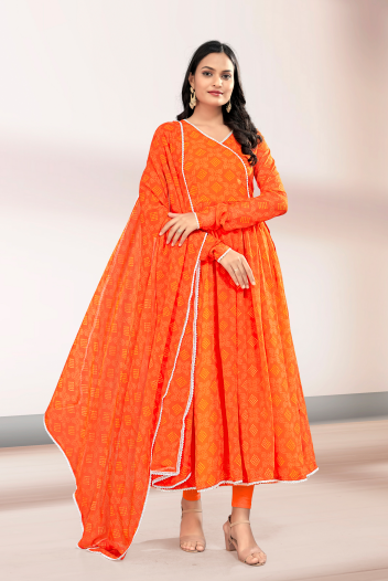 Woman's Orange Printed Flared Gown