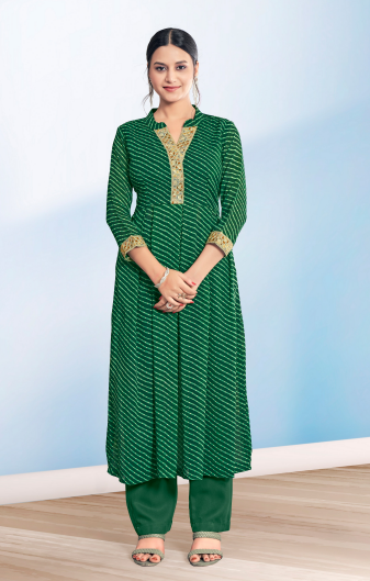 Women's Green Cotton Casual Embroidery and Printed Kurti-Pant