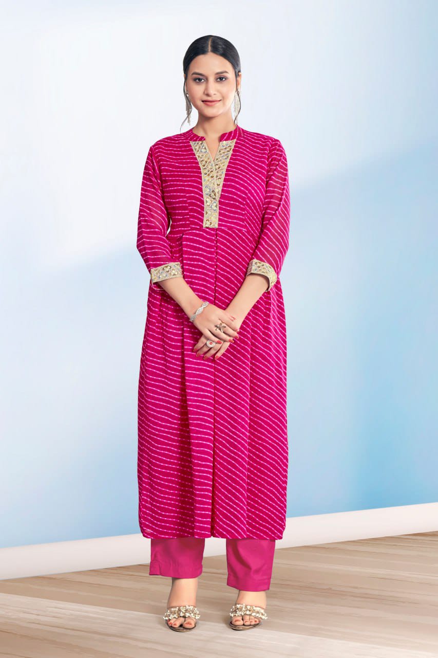 Women's Pink Cotton Casual Embroidery and Printed Kurti-Pant