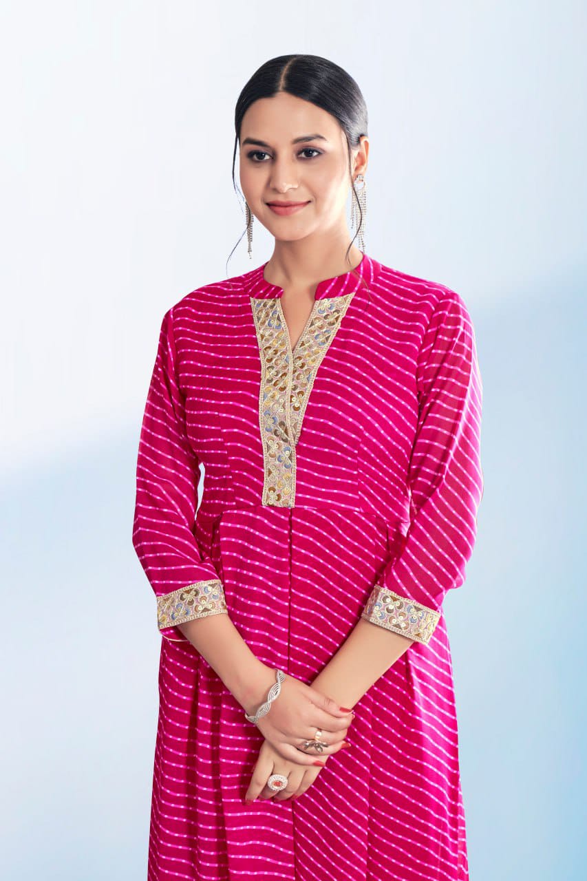 Women's Pink Cotton Casual Embroidery and Printed Kurti-Pant