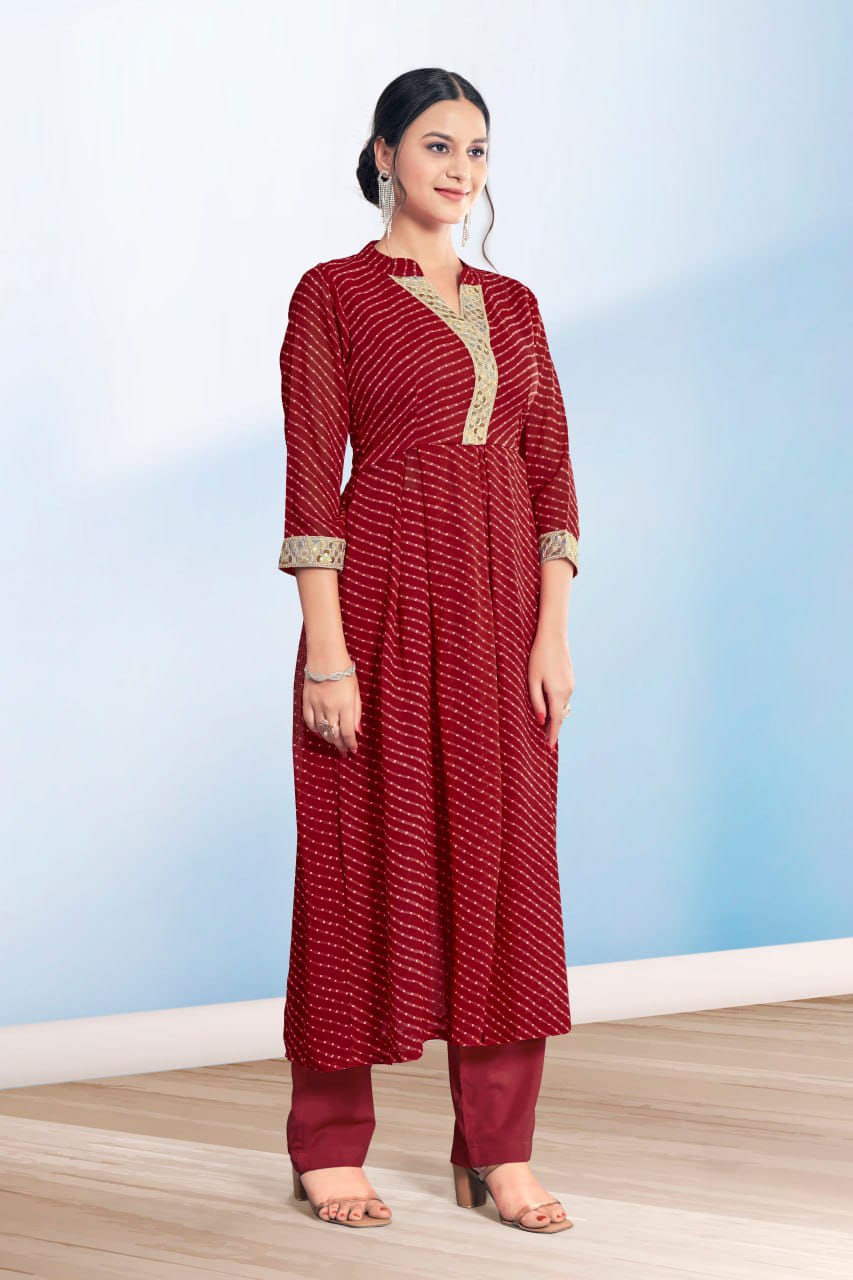 Women's Red Cotton Casual Embroidery and Printed Kurti-Pant