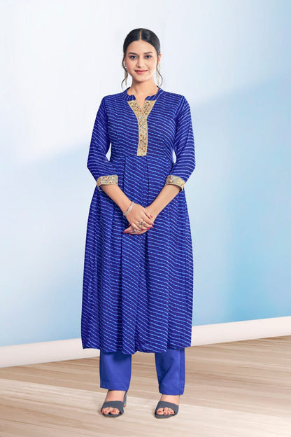 Women's Blue Cotton Casual Embroidery and Printed Kurti-Pant