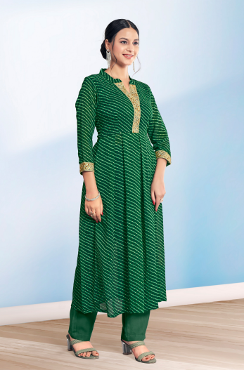 Women's Green Cotton Casual Embroidery and Printed Kurti-Pant