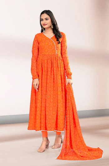 Woman's Orange Printed Flared Gown