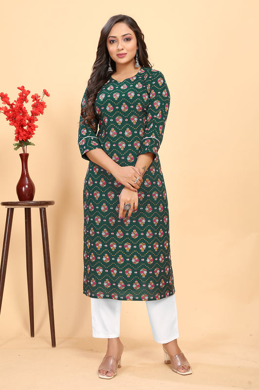 Women's Green Rayon Floral Printed Straight  Kurta-pant