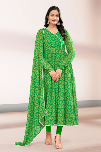 Woman's Green Printed Flared Gown