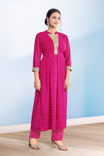 Women's Pink Cotton Casual Embroidery and Printed Kurti-Pant