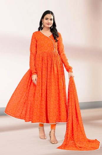 Woman's Orange Printed Flared Gown