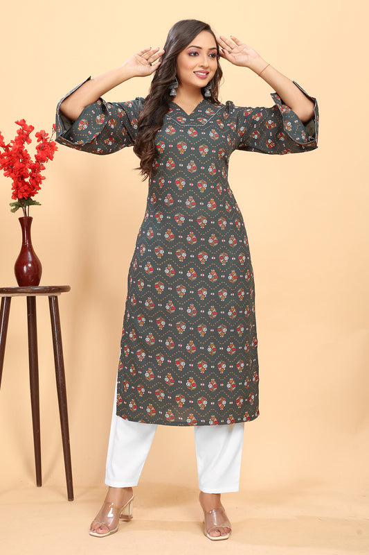 Women's Grey Rayon Floral Printed Straight  Kurta-pant