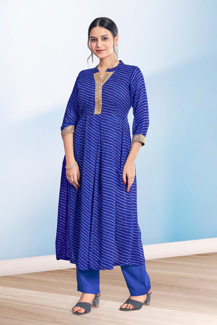 Women's Blue Cotton Casual Embroidery and Printed Kurti-Pant