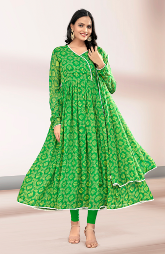 Woman's Green Printed Flared Gown