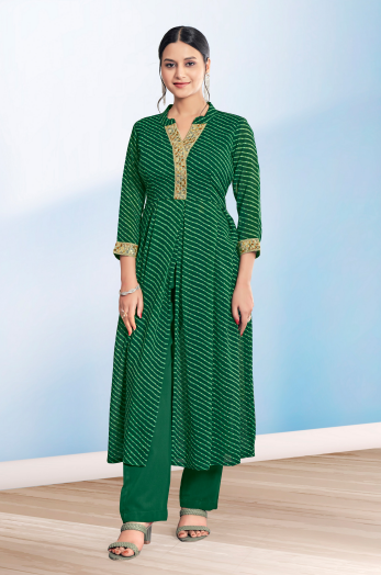 Women's Green Cotton Casual Embroidery and Printed Kurti-Pant