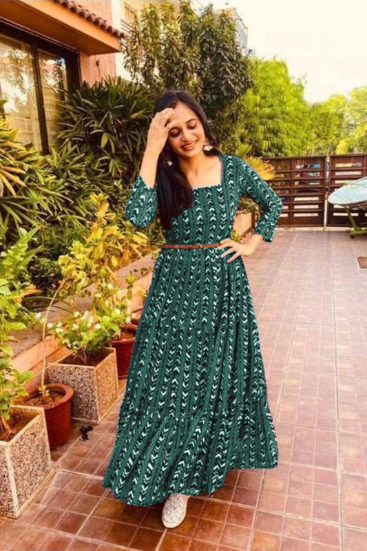 Deep Green Fancy Georgette Printed Gown with Belt