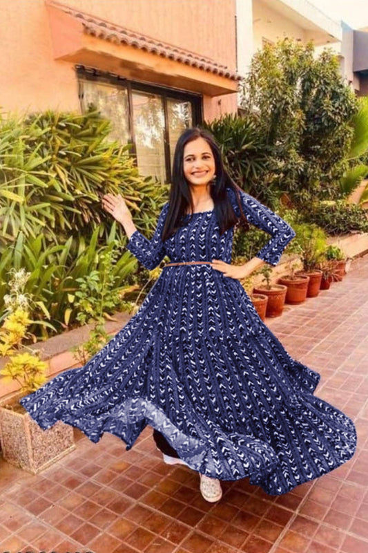 Blue Fancy Georgette Printed Gown with Belt