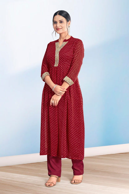 Women's Red Cotton Casual Embroidery and Printed Kurti-Pant