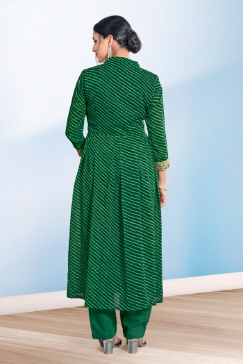 Women's Green Cotton Casual Embroidery and Printed Kurti-Pant