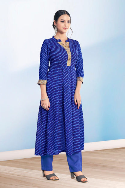 Women's Blue Cotton Casual Embroidery and Printed Kurti-Pant