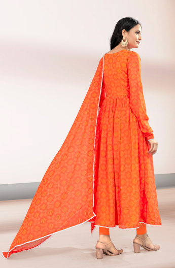 Woman's Orange Printed Flared Gown