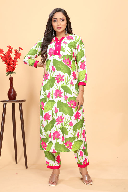 Multi Colour Floral Printed  Rayon Kurta With Pant