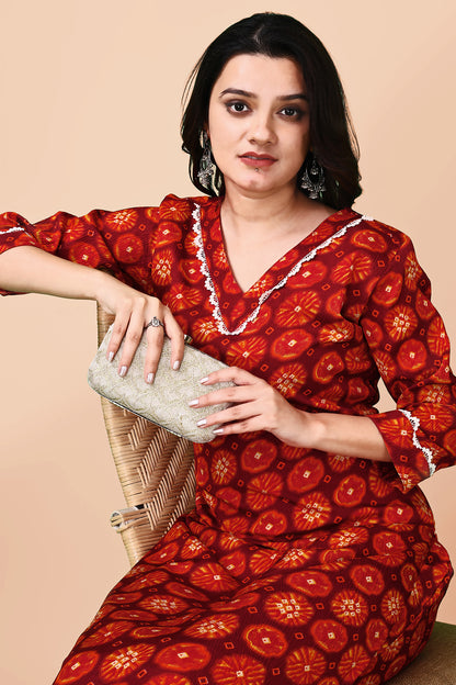 Woman red gotta pati printed kurti pant