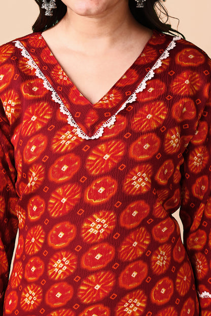 Woman red gotta pati printed kurti pant