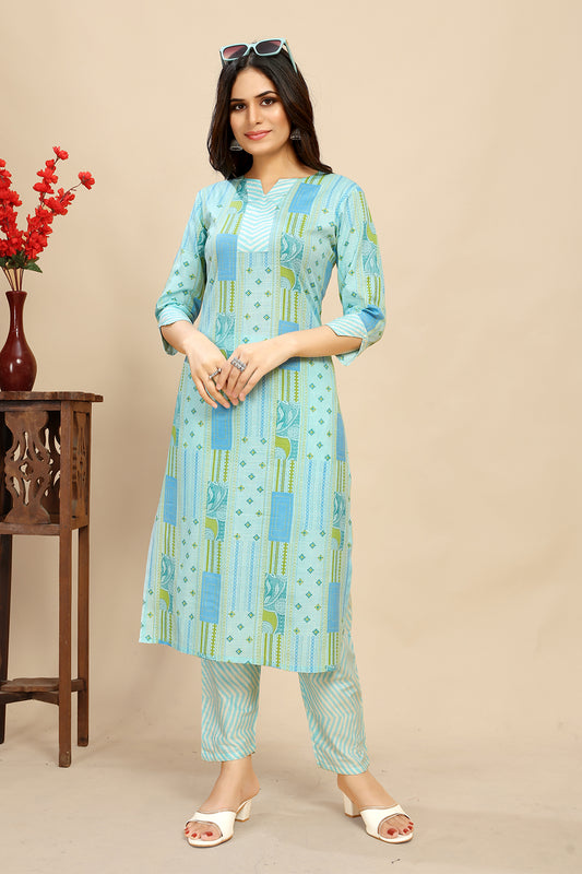 Sky blue Cotton Floral Block Printed Kurti Pair