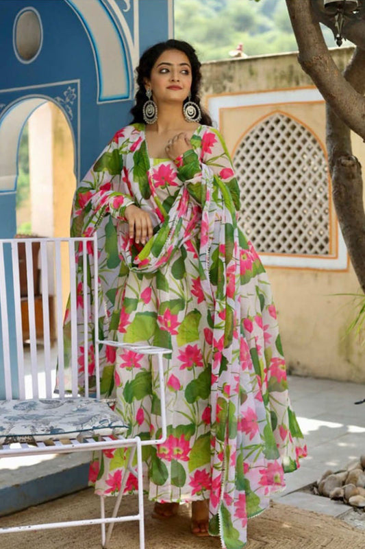 Pink flower printed kurta with dupatta