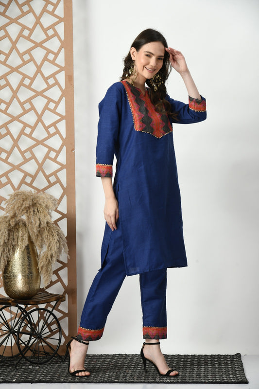 Blue Cotton Solid Straight Kurta with Pant