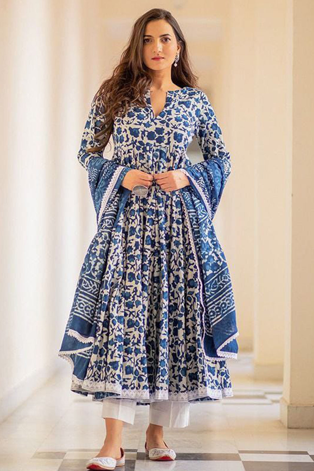 Blue Rayon Cotton Anarkali Kurti set