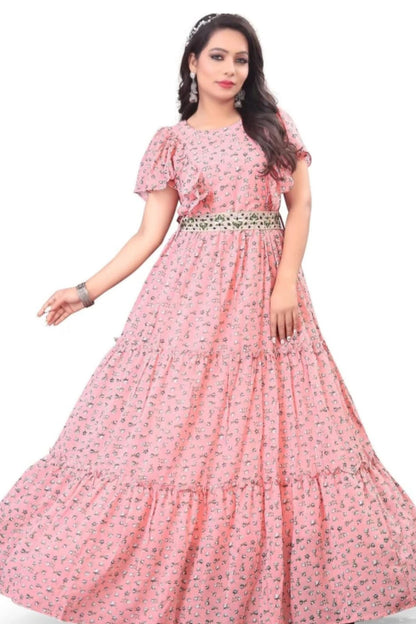 Peach printed Gown with Embroidery belt