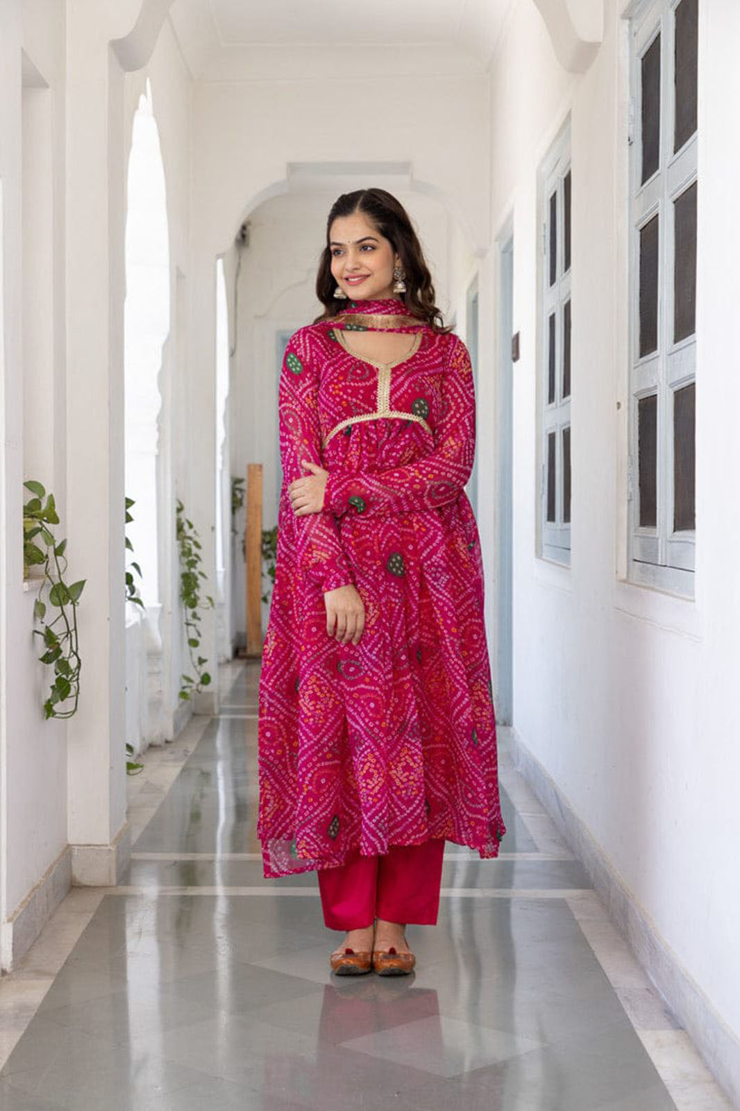 Red Bandhani kurti with pant and Dupatta