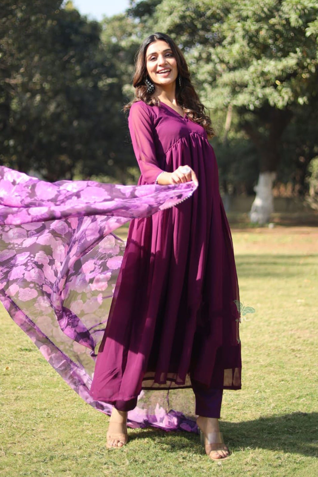 Purple alia cut kurta and dupatta set