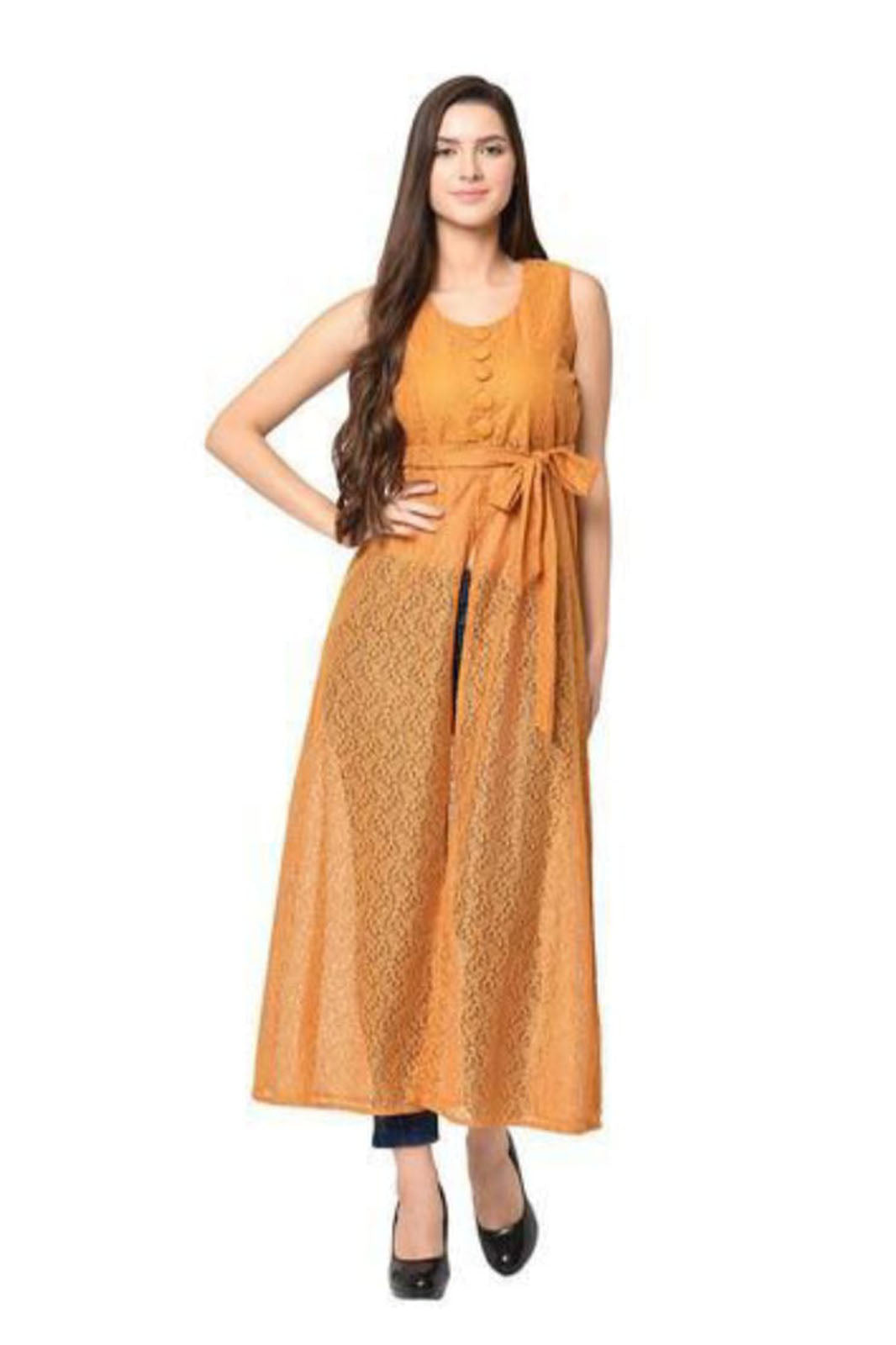 Methi Yellow Net Calf-length kurti