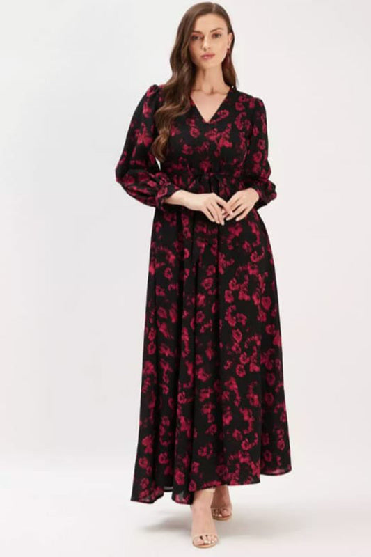 Black-Red Floral Print Georgette A-line Kurta