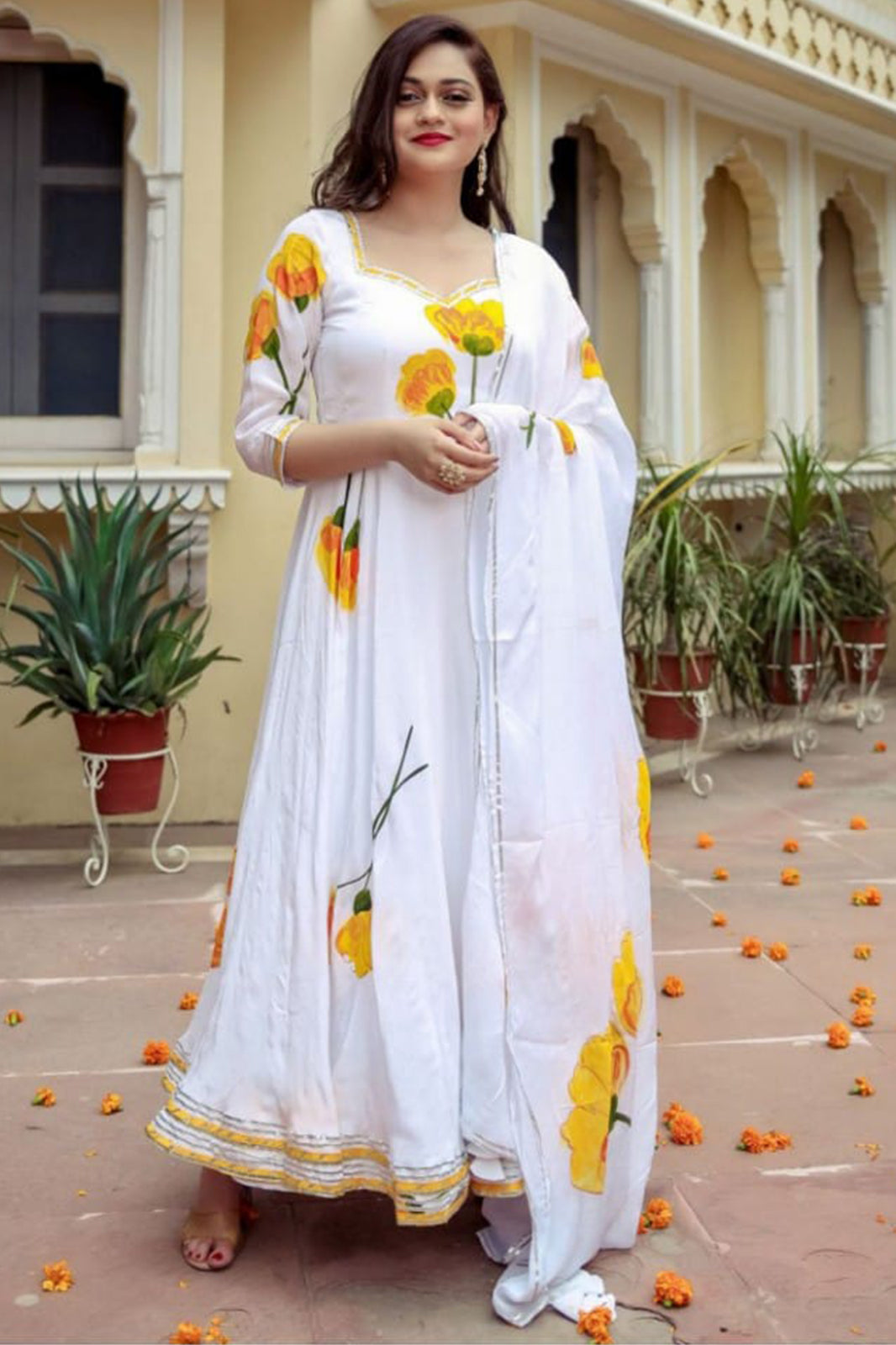 White Floral Printed Anarkali Gown