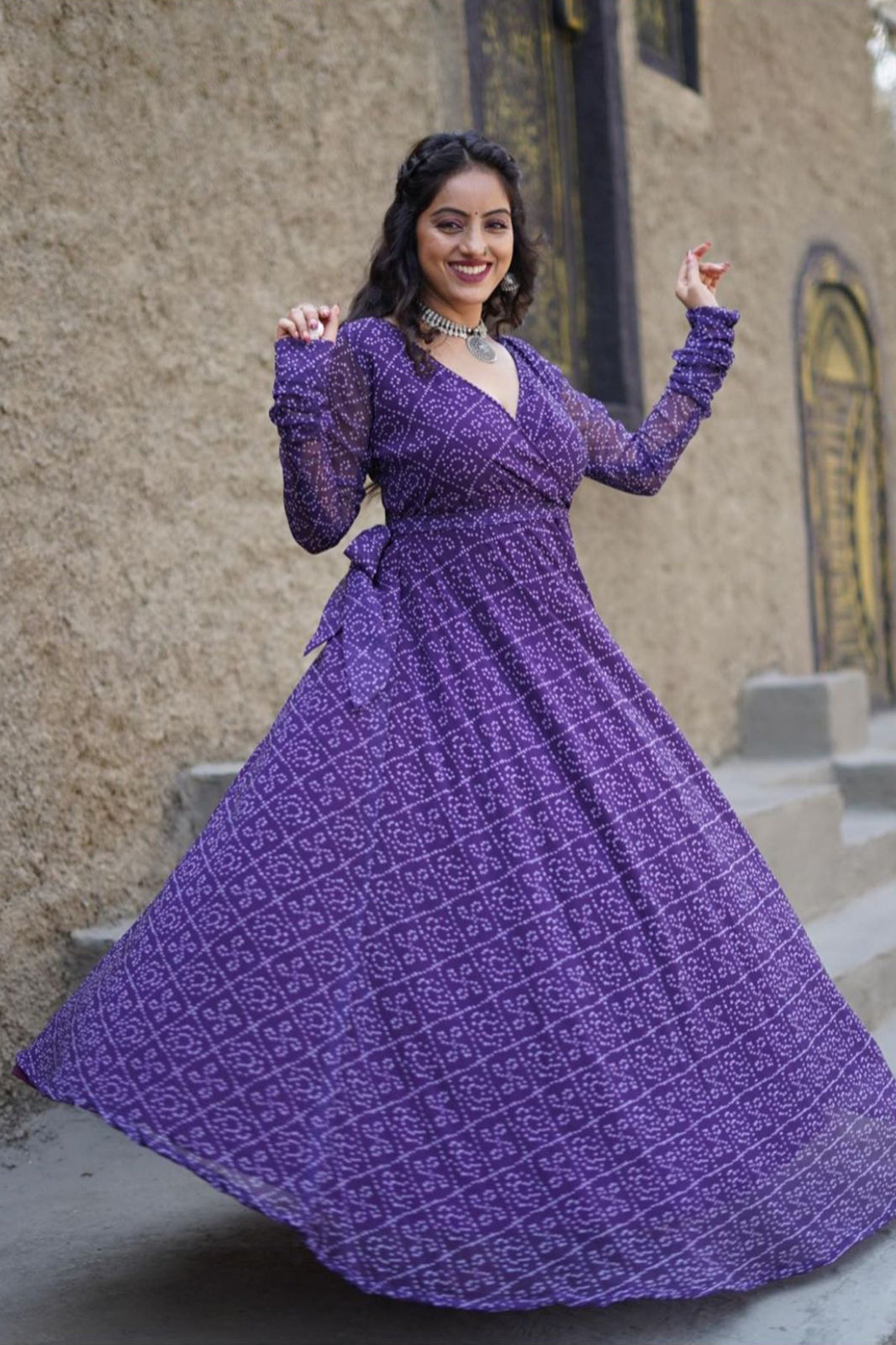 purple Bandhani Printed Flared gown