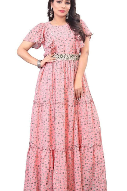 Peach printed Gown with Embroidery belt