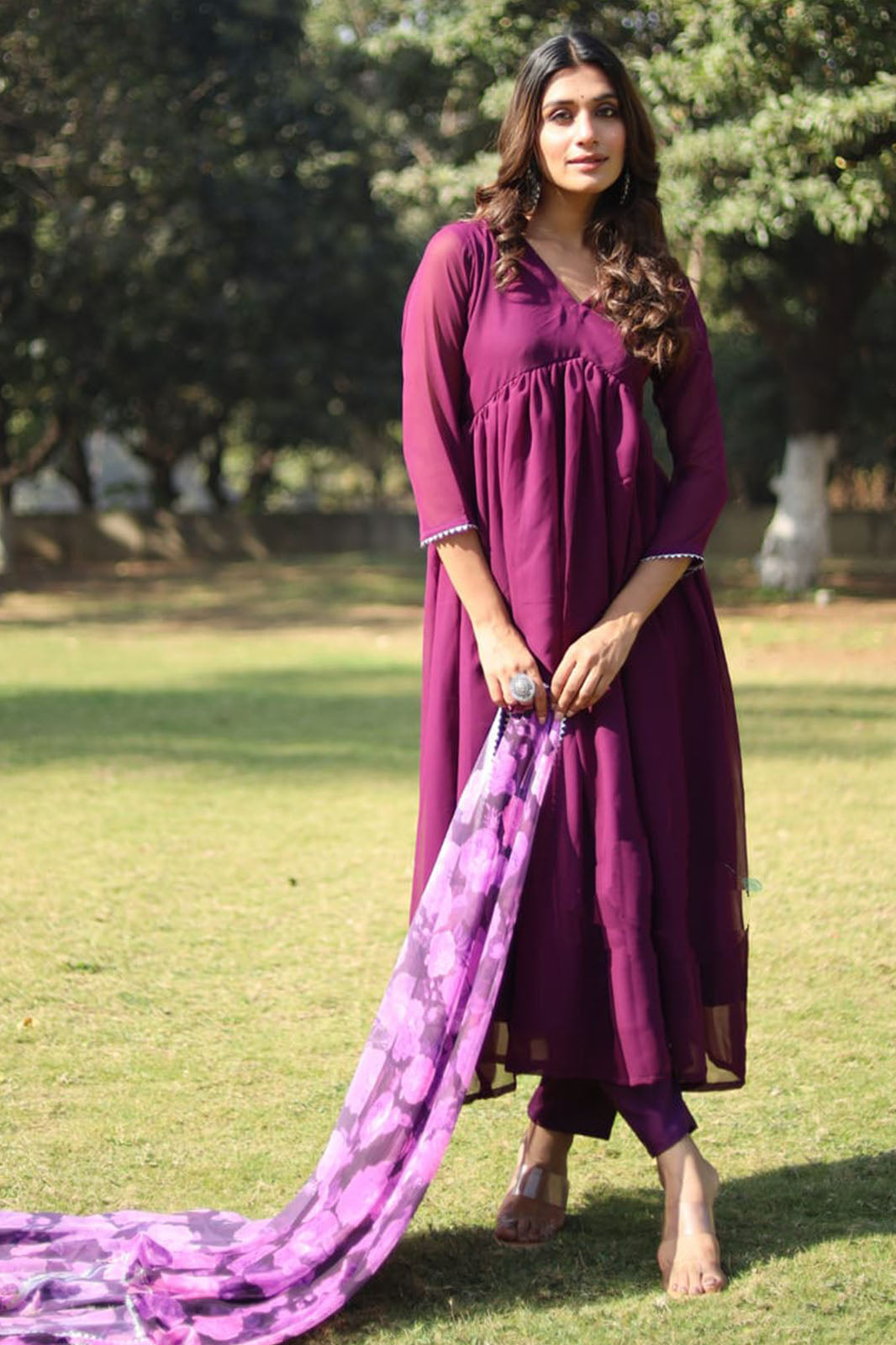 Purple alia cut kurta and dupatta set