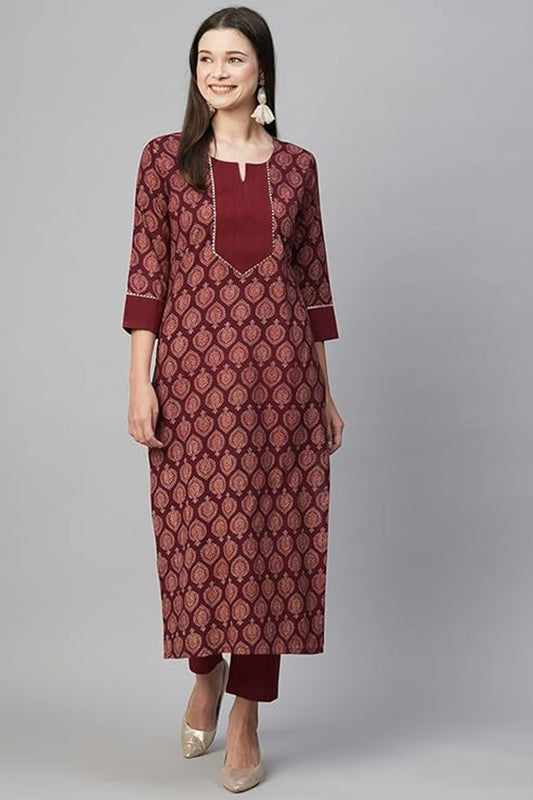 Maroon Cotton Blend straight Printed Kurti Pair