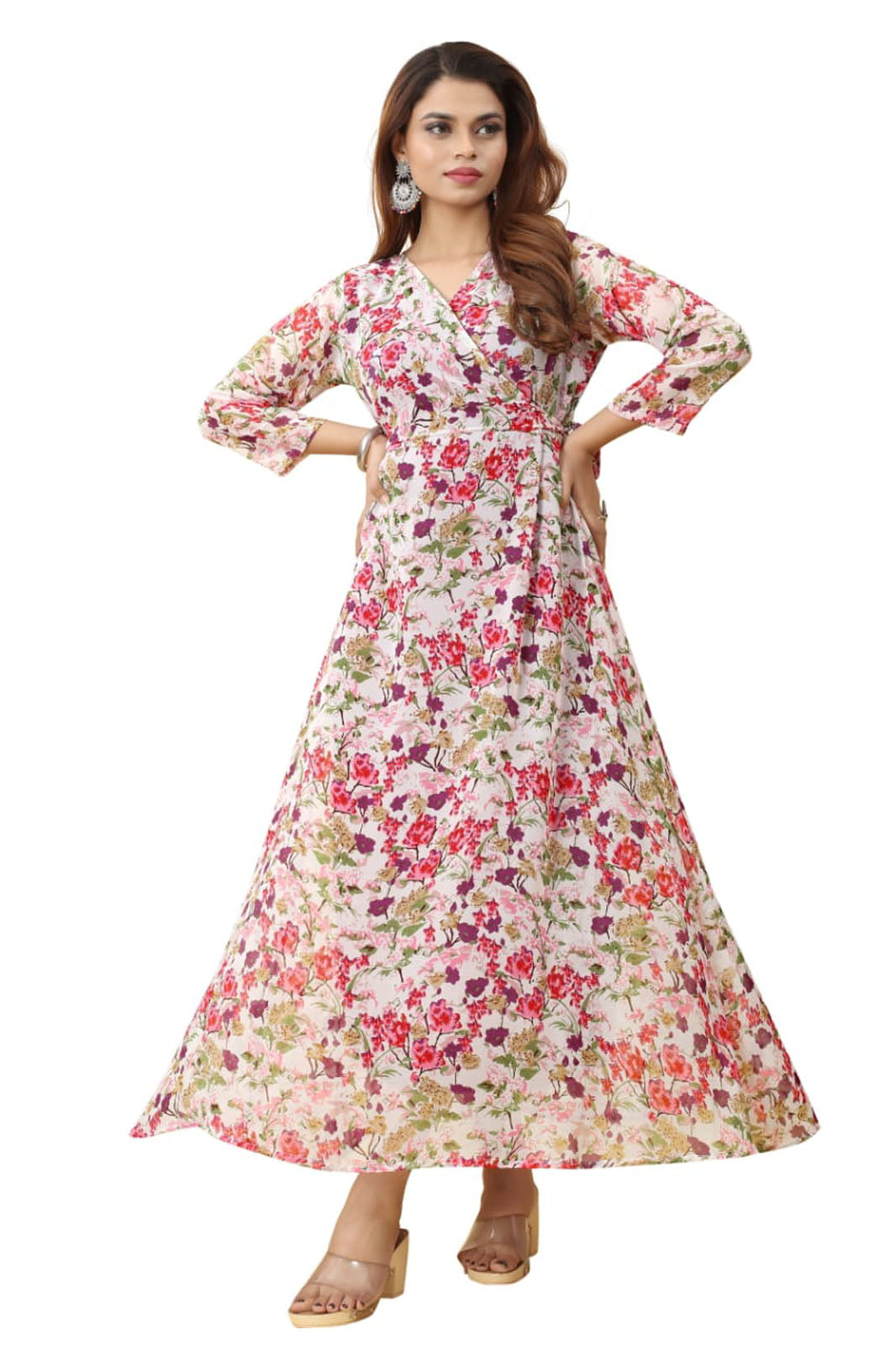 Light Pink Georgette Floral printed flared gown