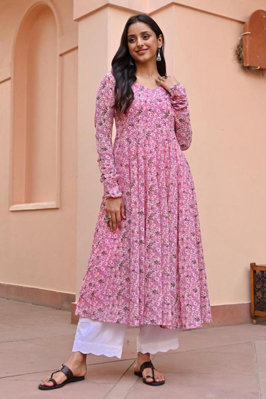 Pink Printed Georgette Anarkali Flared Kurta