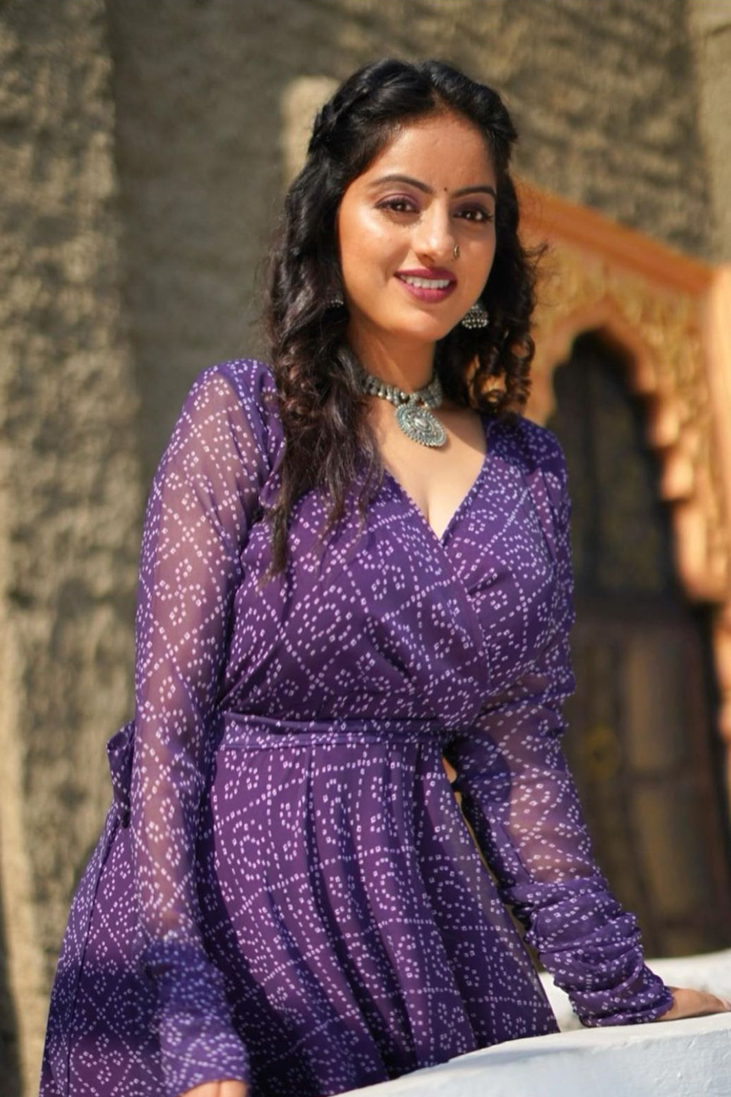 purple Bandhani Printed Flared gown