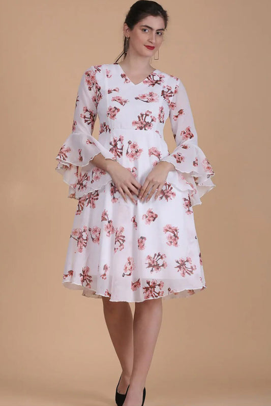 White Floral printed A-line partywear