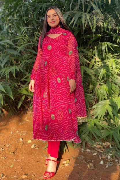 Red Printed kurta with dupatta