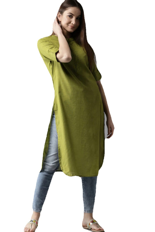 Cotton Solid Green Straight Kurti