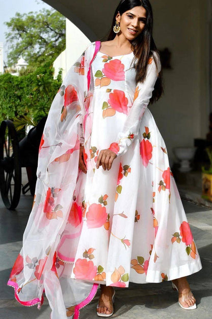 White Printed Georgette Gown Kurta With Dupatta