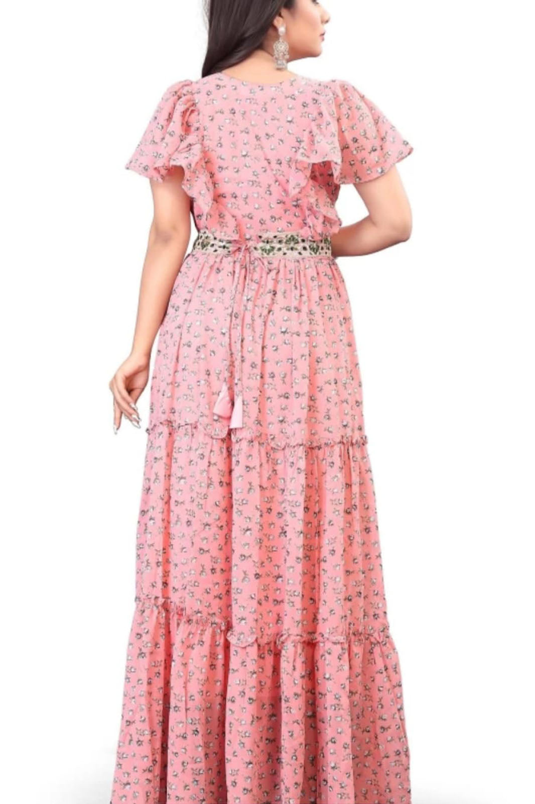 Peach printed Gown with Embroidery belt