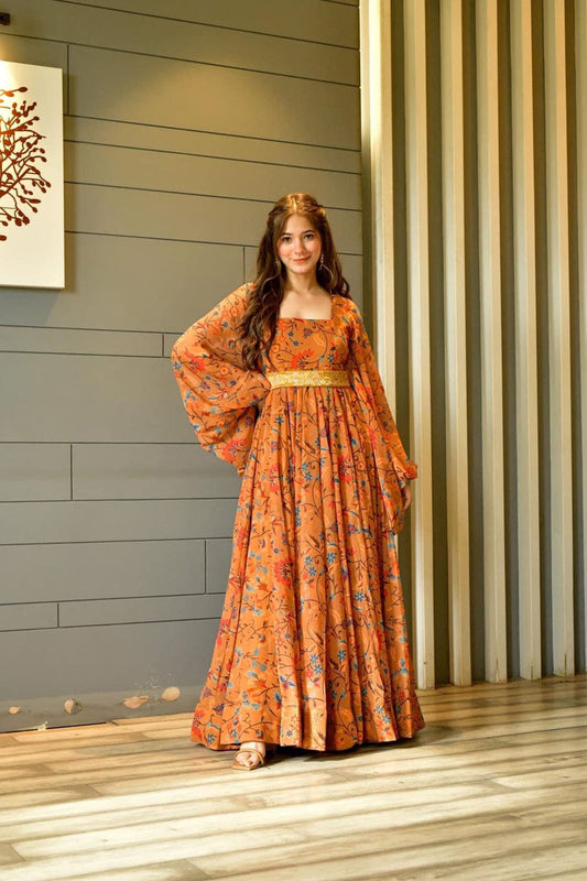 Dark Yellow Digital Printed Anarkali Style Long Gown