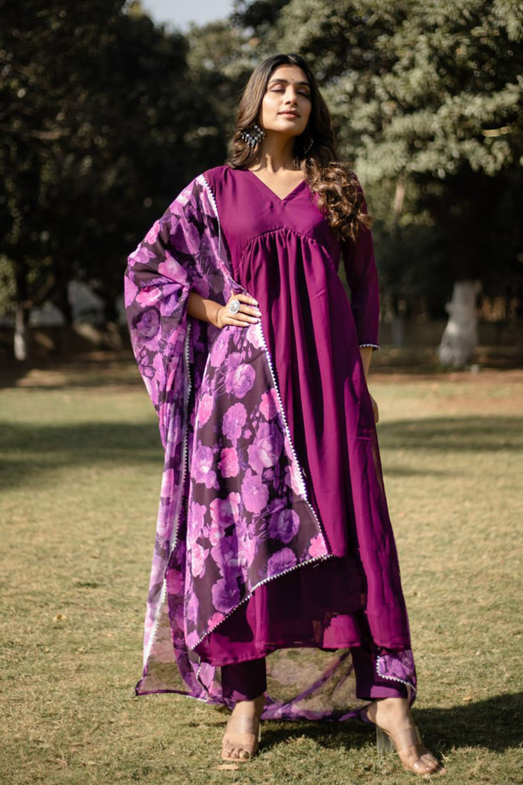 Purple alia cut kurta and dupatta set